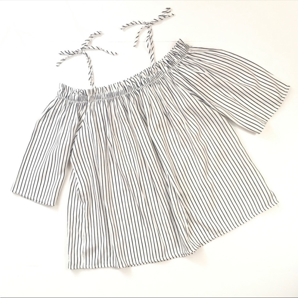 Francesca Blue Rain pinstripe off shoulder shirt - Picture 2 of 9